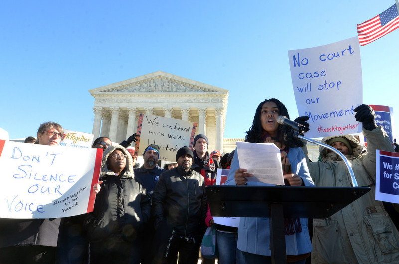 CTA member Maya Walker, a library media technician at Hayward High School in Hayward, CA, delivers remarks outside the Supreme Court on Monday, January 11. Photo: Patrick G. Ryan 